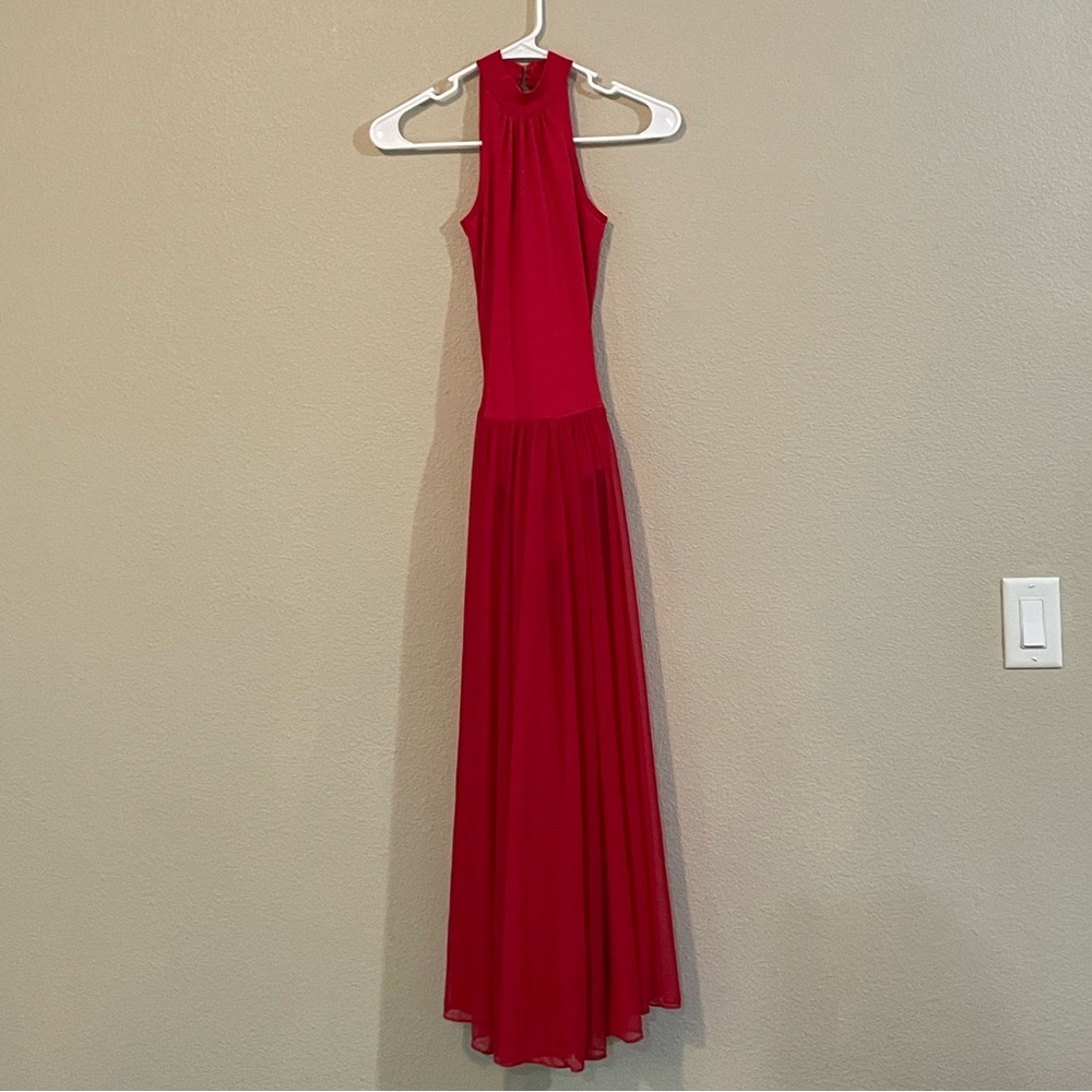 Body Wrappers Red Halter Maxi Gown with Open Back and Sheer Skirt